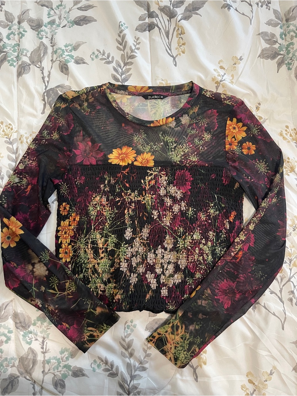 Floral Sheer Long-Sleeve Smocked Top - Black Multi